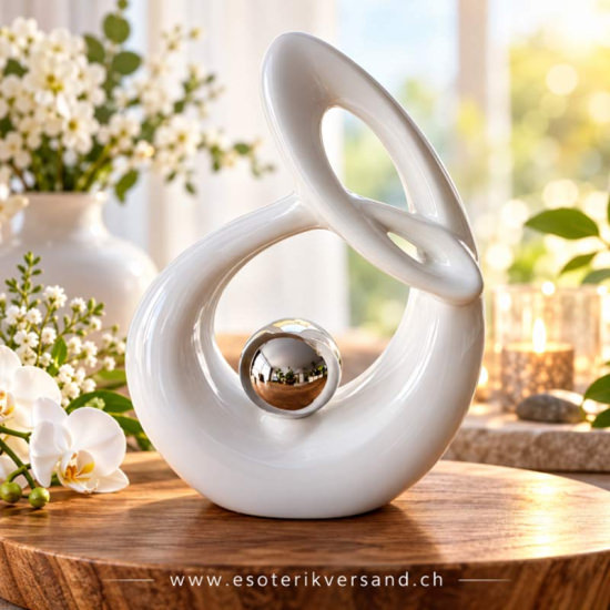 Deko-Skulptur „Harmonie & Unendlichkeit“ – Weiss mit silberner Kugel, 22 cm