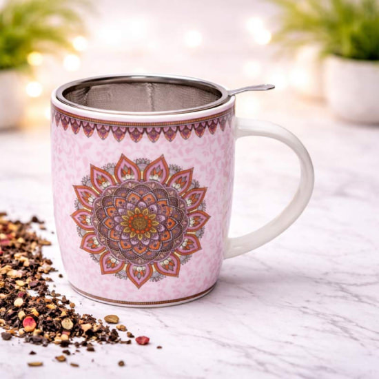 Teetasse mit Sieb Mandala Lila 400 ml – Porzellan