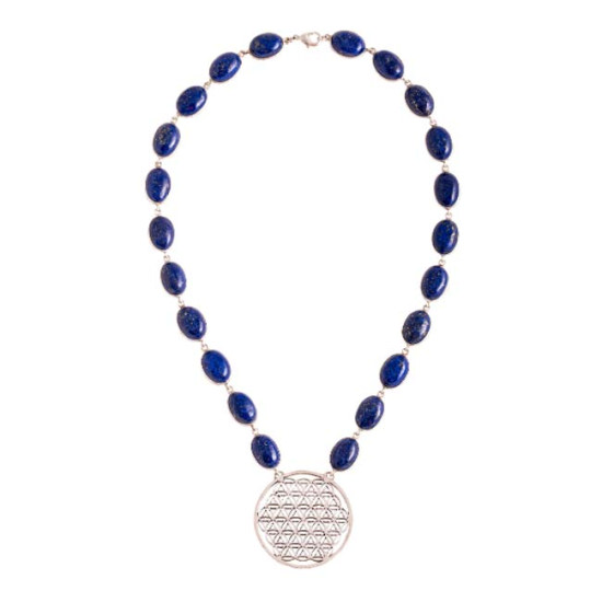 Blume des Lebens Collier mit Lapislazuli, Messing versilbert