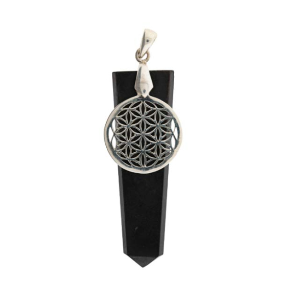 Schungit Anhänger mit Lebensblume Charm, 925 Silber