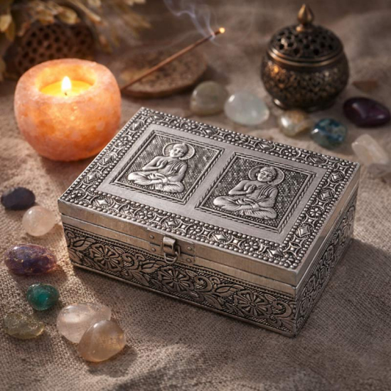 Buddha Tarotbox/Schmuckbox – Silber Antik mit Relief-Design