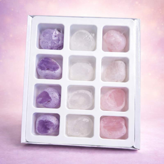 Edelstein-Set mit 12 Trommelsteinen - Amethyst, Bergkristall & Rosenquarz