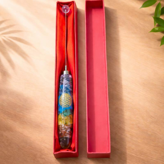 Chakra Wünschelrute mit Blume des Lebens und Edelsteinen