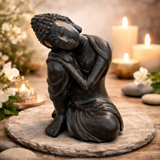 Buddha Biku Figur – 12 cm – Schwarz in Steinoptik