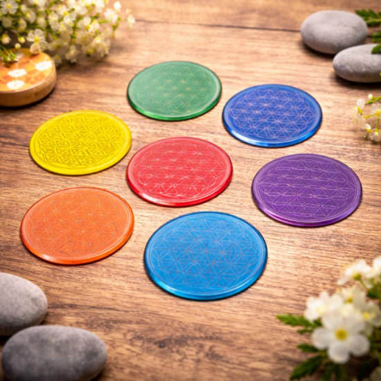 7 Chakra „Blume des Lebens“, Glas-Set – inkl. rotem Satinbeutel