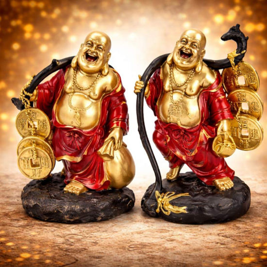 Happy Buddha mit Glücksmünzen – Feng Shui Dekofigur Rot/Gold (assortiert)