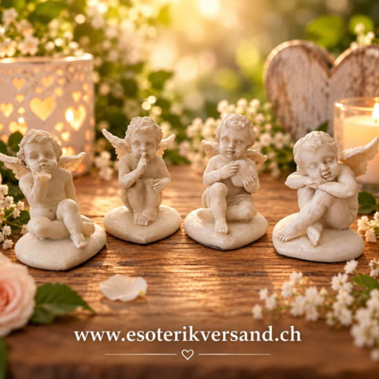 4er Set Engel auf Herz – Polyresin Dekofiguren, wetterfest, 6,5 cm