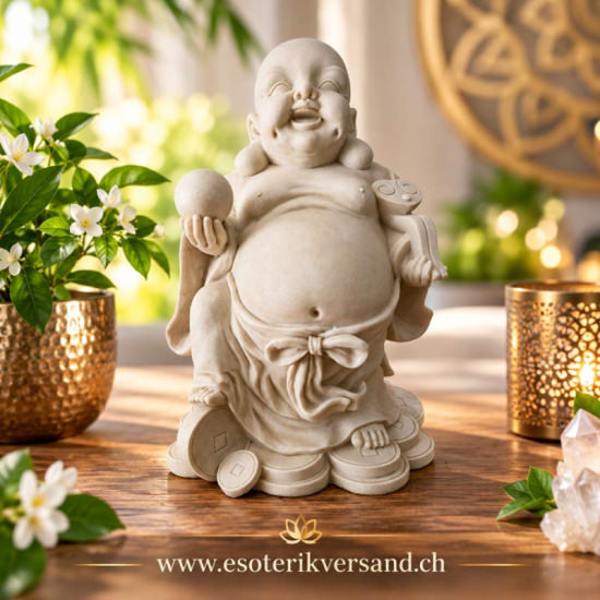 Reichtumsbuddha mit Glücksmünzen – lachender Buddha aus Polyresin, wetterfest, 27 cm