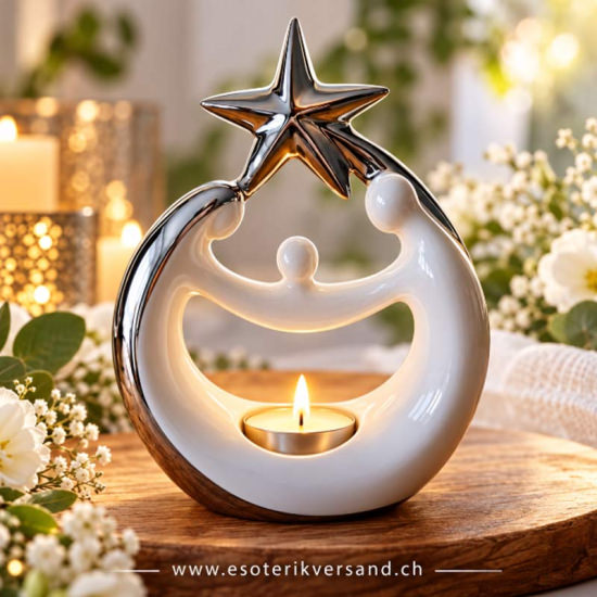 Teelichthalter Familie unter Stern – Keramik Silber-Weiss 21,5 cm