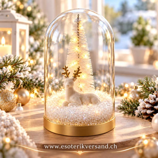 LED Winterdekoration im Glas mit Timer – Rentier & Tannenbaum, 17 cm
