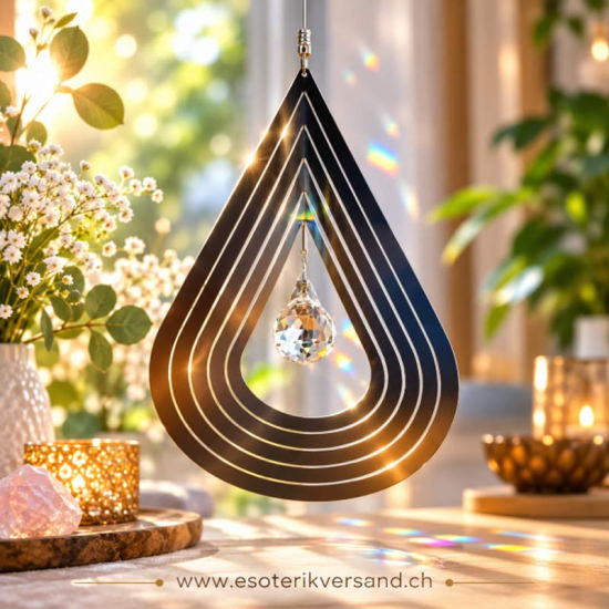 Kristall-Sonnenfänger Tropfen – Hängende Metallspirale mit 3 cm Kristall