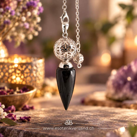 Obsidian-Pendel mit Lebensblume-Kugel aus Messing