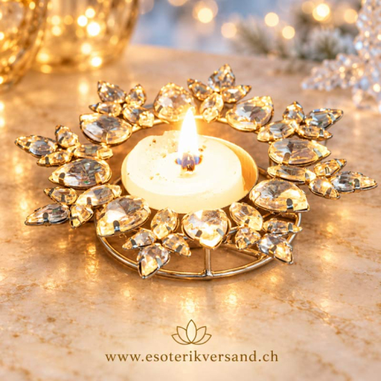 Teelichthalter Eiskristall – facettierter Glaskristall in Silber und Gold