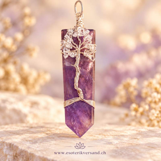 Amethyst Lebensbaum Anhänger mit Diamanten – inklusive Schmuckbox