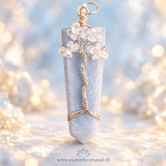 Angelit Lebensbaum-Anhänger mit Diamanten – 5 cm