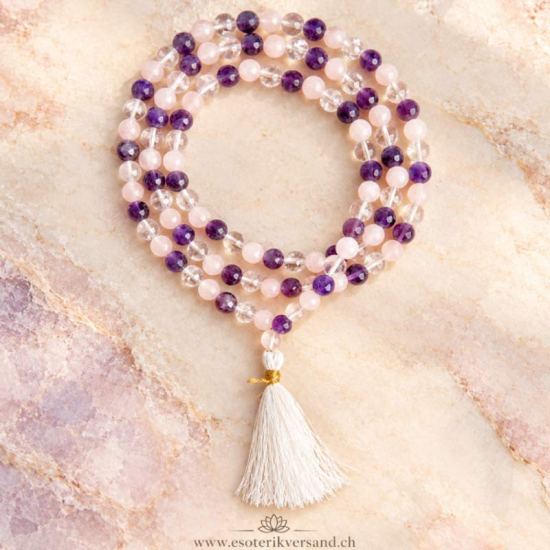 Mala-Kette Herz & Harmonie – Rosenquarz, Amethyst und Bergkristall, 108 Perlen