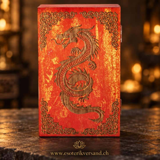 Holzbox Drache – rotes Mangoholz mit Blattgold