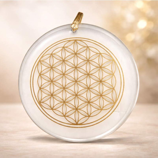 Blume des Lebens Kristall-Anhänger, 6 cm – Goldgravur auf Glas