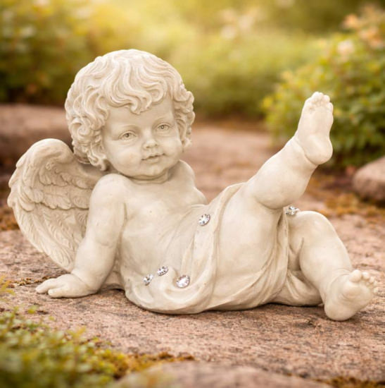 Engel sitzend mit Strasssteinchen – 12 cm – Elegante Gartenfigur & stilvolle Indoor-Dekoration aus Polyresin