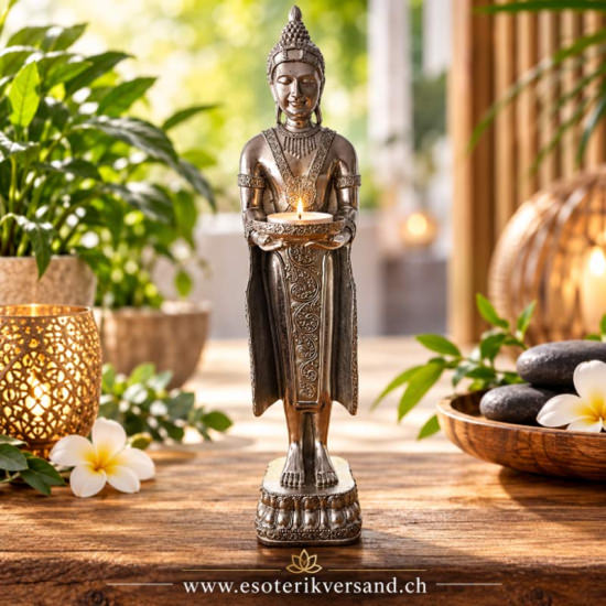 Stehender Buddha antik-silber mit Teller für Kerze & Deko – 67 cm