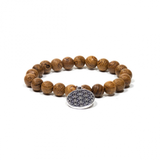 Mala Armband Wengeholz, elastisch mit Blume des Lebens