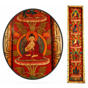 Wandtafel handbemalt, mit 5 Buddha-Figuren