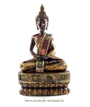 Thailändischer Buddha meditierend – 31 cm – Edle Resin Figur in Bronze- und Goldoptik