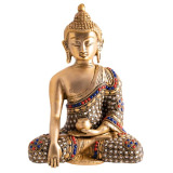 Buddha Shakyamuni – Messing mit kunstvoller Steinverzierung