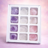 Edelstein-Set mit 12 Trommelsteinen - Amethyst, Bergkristall & Rosenquarz