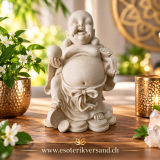 Reichtumsbuddha mit Glücksmünzen – lachender Buddha aus Polyresin, wetterfest, 27 cm