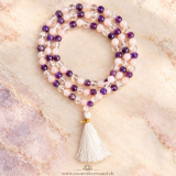 Mala-Kette Herz & Harmonie – Rosenquarz, Amethyst und Bergkristall, 108 Perlen