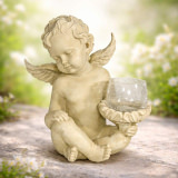 Engel sitzend mit Windlicht, hell, 20cm