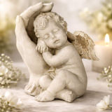 Schlafender Engel in schützender Hand – Polyresin Figur wetterfest, 15 cm