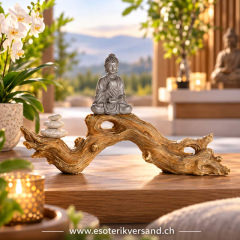 Buddha auf Baumstamm mit Zen-Steinen – Kunstharz Dekofigur 32 cm