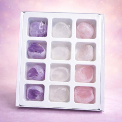 Edelstein-Set mit 12 Trommelsteinen - Amethyst, Bergkristall & Rosenquarz