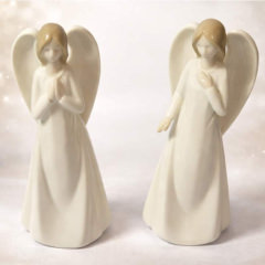 Engel-Figuren 2er-Set aus Keramik – Cremeweiss mit Goldhaar