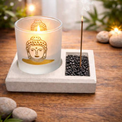 Buddha Teelichthalter Set – Glas & Stein mit Räucherfunktion