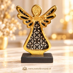 Engel der Freude – goldfarbene Engelsfigur auf Mangoholzsockel, 17 cm