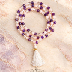 Mala-Kette Herz & Harmonie – Rosenquarz, Amethyst und Bergkristall, 108 Perlen