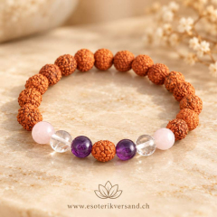 Rudraksha-Talisman mit Bergkristall, Rosenquarz & Amethyst – 5,5 × 5,5 cm