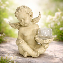 Engel sitzend mit Windlicht, hell, 20cm