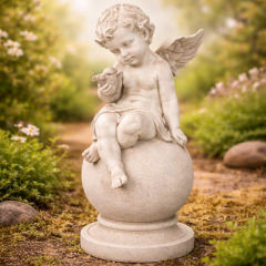 Engel mit Vogel auf der Hand – 28 cm – Wetterfeste Gartenfigur & stilvolle Indoor-Dekoration aus Polyresin
