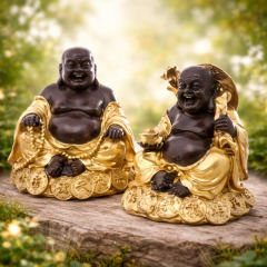 Happy Buddha auf Glücksmünzen – 13 cm – Glücksfigur aus Resin in Gold und Braun