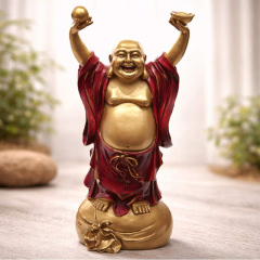 Chinesischer Buddha stehend – 30 cm – Glücksfigur aus Resin in Rot und Gold