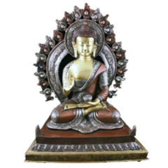 Buddha Shakyamuni Aura zweifarbig, aus Messing, 29 cm