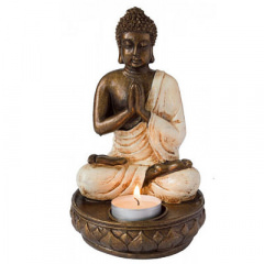 Buddha mit Teelicht aus Resin, antik/weiss